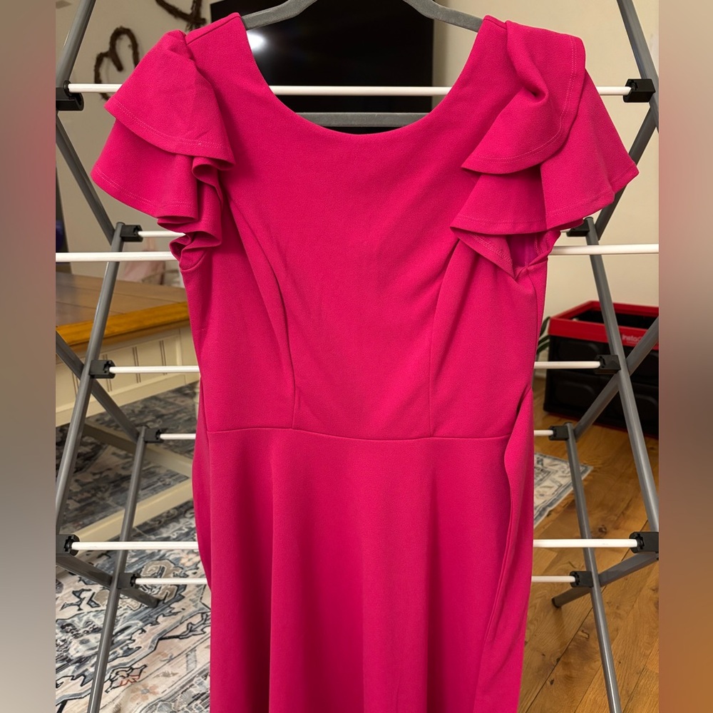 Crystal Doll Vibrant Pink Midi Dress with Ruffle Sleeves